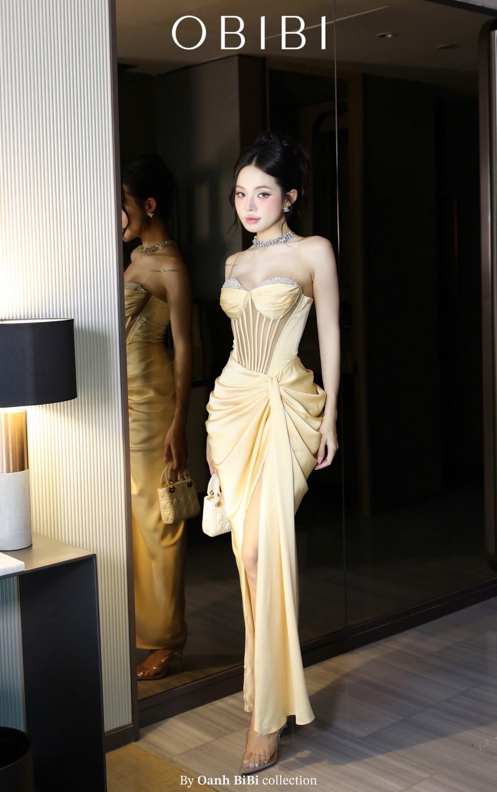 ชุดเดรส ราตรียาว เกาะอก เพรช สีขาว สีทอง สีฟ้า สีแดงไวน์ BRAND OBIBI 3084 Size S-M BKK - Image 8