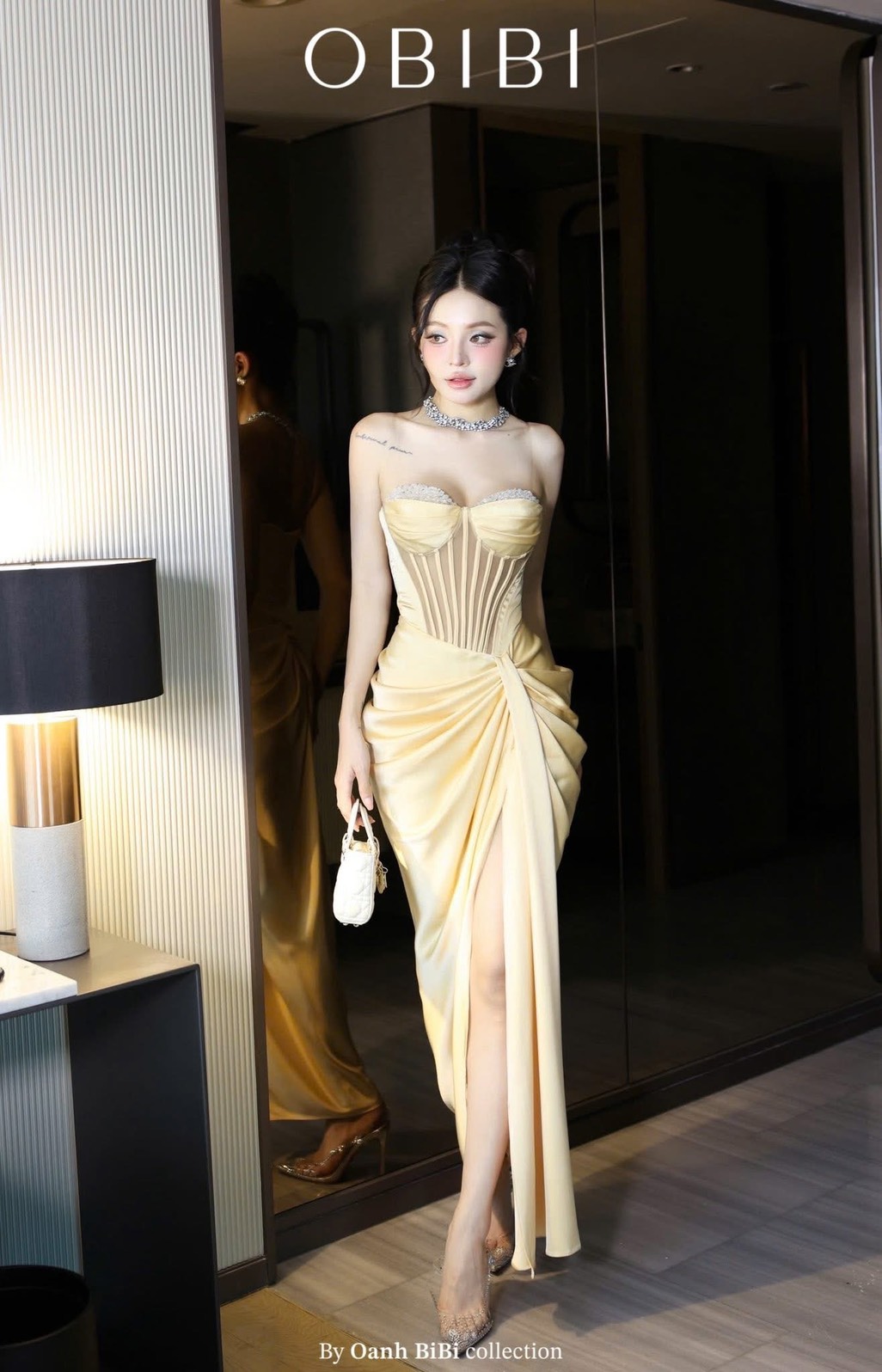 ชุดเดรส ราตรียาว เกาะอก เพรช สีขาว สีทอง สีฟ้า สีแดงไวน์ BRAND OBIBI 3084 Size S-M BKK - Image 10