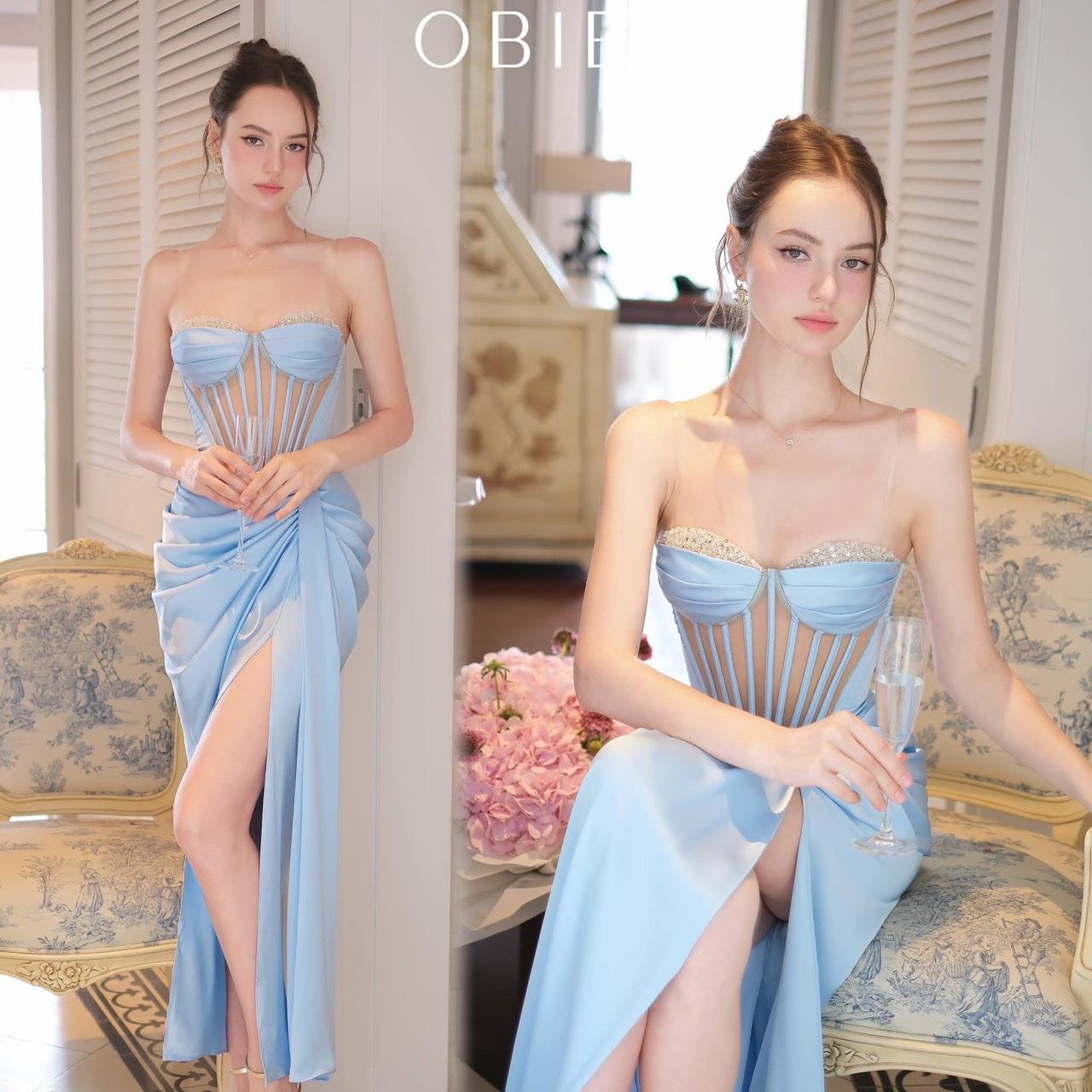 ชุดเดรส ราตรียาว เกาะอก เพรช สีขาว สีทอง สีฟ้า สีแดงไวน์ BRAND OBIBI 3084 Size S-M BKK - Image 13