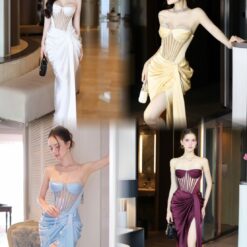 ชุดเดรส ราตรียาว เกาะอก เพรช สีขาว สีทอง สีฟ้า สีแดงไวน์ BRAND OBIBI 3084 Size S-M BKK