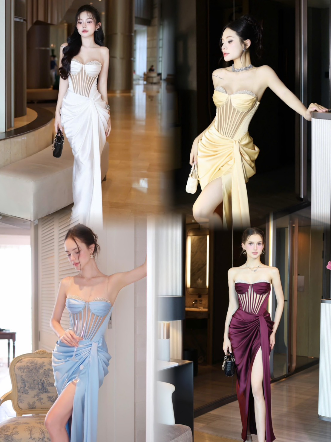 ชุดเดรส ราตรียาว เกาะอก เพรช สีขาว สีทอง สีฟ้า สีแดงไวน์ BRAND OBIBI 3084 Size S-M BKK