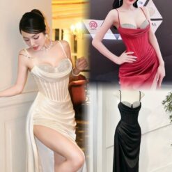 ชุดเดรส ราตรียาว สายเดี่ยว เพรช สีขาว สีแดง สีดำ BRAND OBIBI 3085 Size S-M BKK