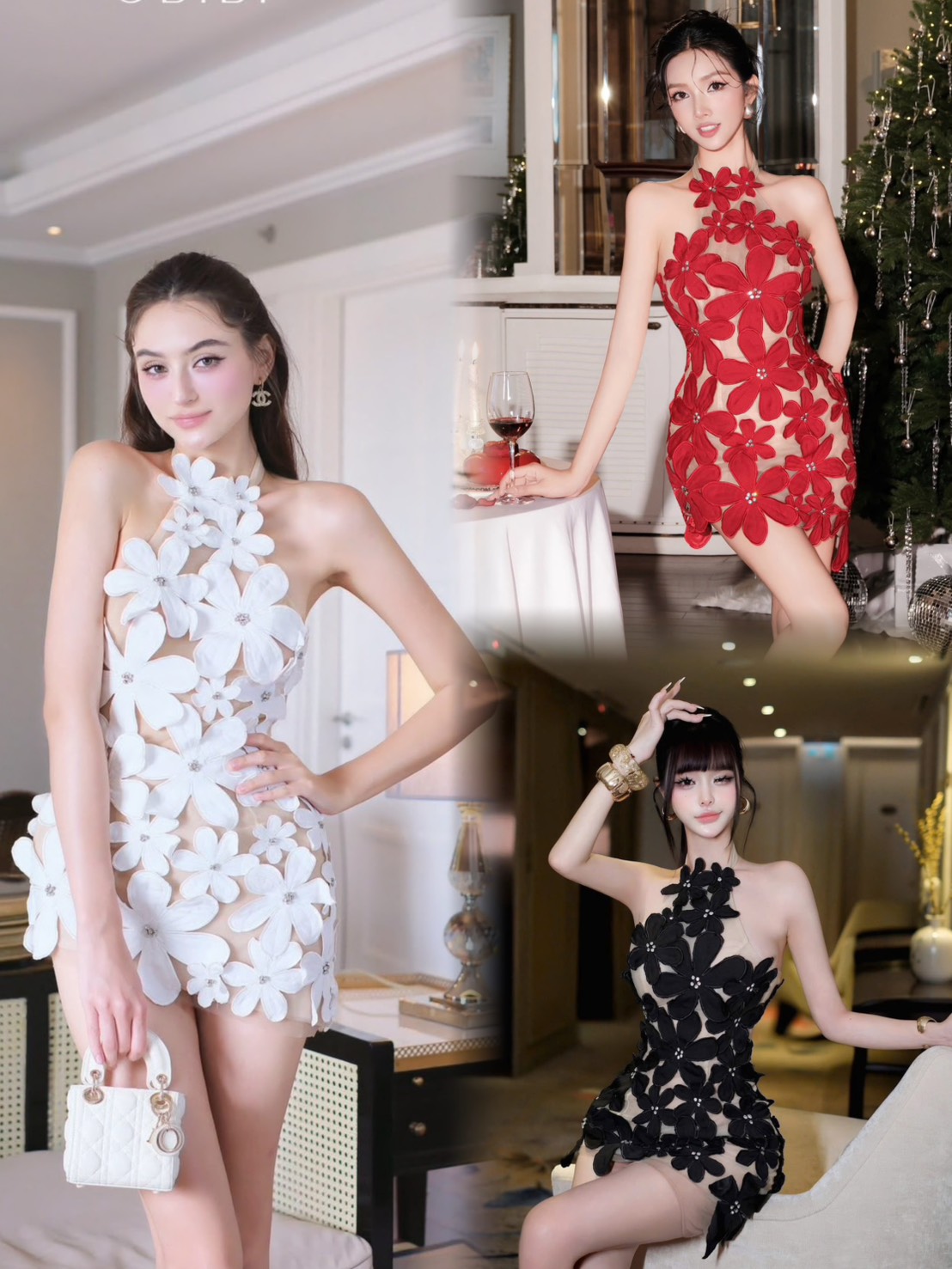 ชุดเดรส คล้องคอ แต่งดอก สีขาว สีดำ สีแดง BRAND OBIBI 2243 Size S-M BKK