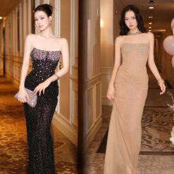 ชุดเดรส ราตรียาว เกาะอก แต่งเพรช สีดำ สีครีมทอง BRAND OBIBI 3078 SizeS BKK