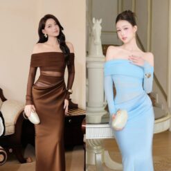 ชุดเดรส ราตรียาว ปาดไหล่ สีฟ้า สีน้ำตาล BRAND OBIBI 3079 Size S-M BKK