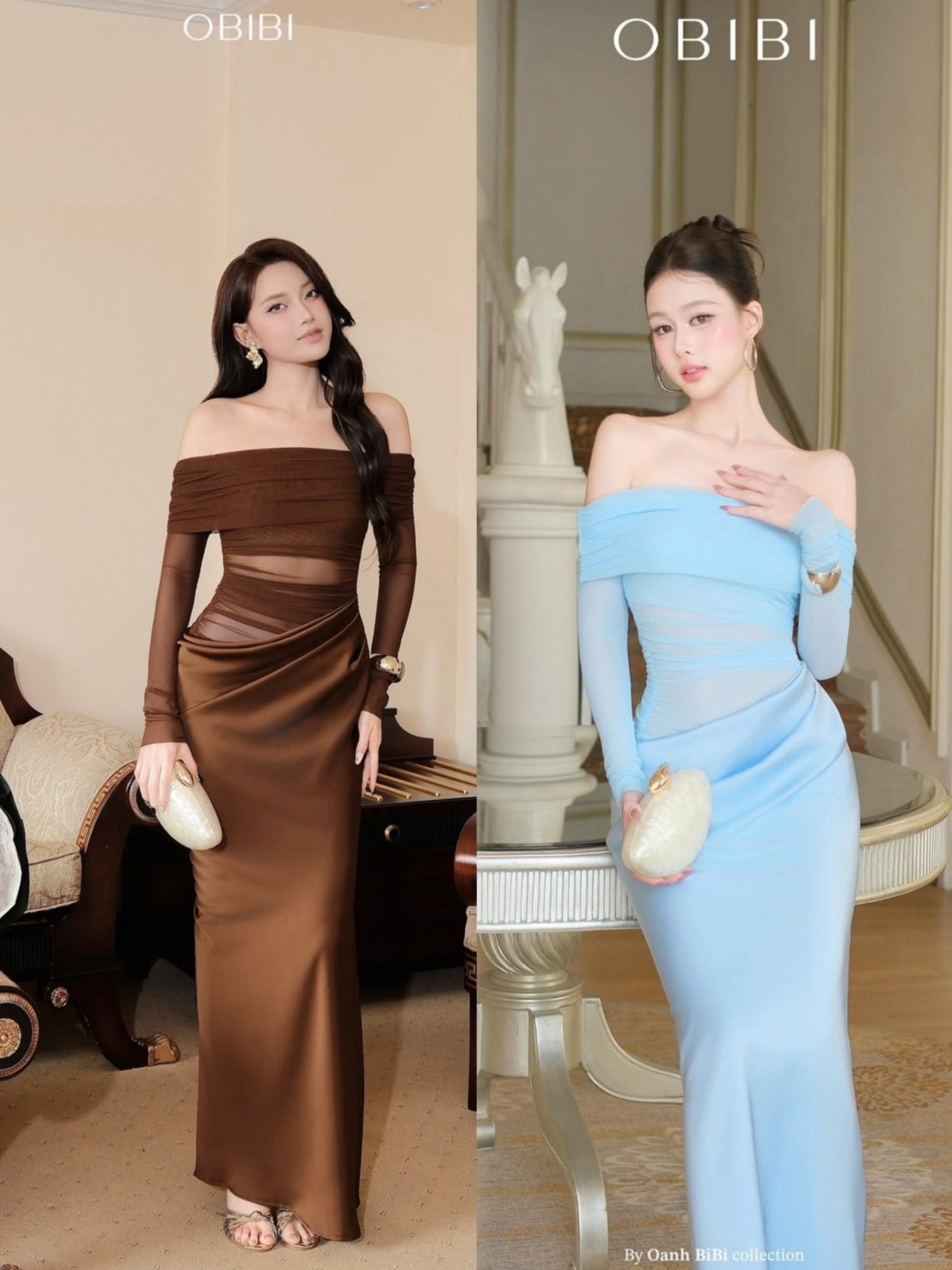 ชุดเดรส ราตรียาว ปาดไหล่ สีฟ้า สีน้ำตาล BRAND OBIBI 3079 Size S-M BKK