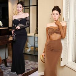 ชุดเดรส ปาดไหล่ แต่งซีทรู สีดำ สีน้ำตาล  BRAND OBIBI 2254 BKK