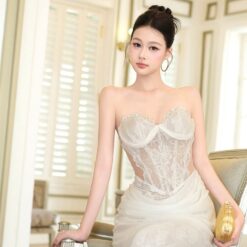 ชุดเดรส ราตรียาว ปาดไหล่ ลายลูกไม้ สีขาว สีดำ BRAND OBIBI 3087 Size S-M BKK