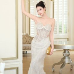 ชุดเดรส ราตรียาว ปาดไหล่ ลายลูกไม้ สีขาว สีดำ BRAND OBIBI 3087 Size S-M BKK