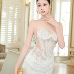 ชุดเดรส ราตรียาว ปาดไหล่ ลายลูกไม้ สีขาว สีดำ BRAND OBIBI 3087 Size S-M BKK