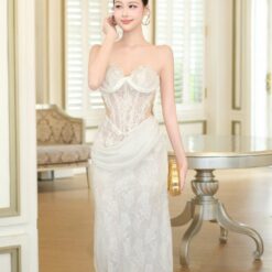 ชุดเดรส ราตรียาว ปาดไหล่ ลายลูกไม้ สีขาว สีดำ BRAND OBIBI 3087 Size S-M BKK