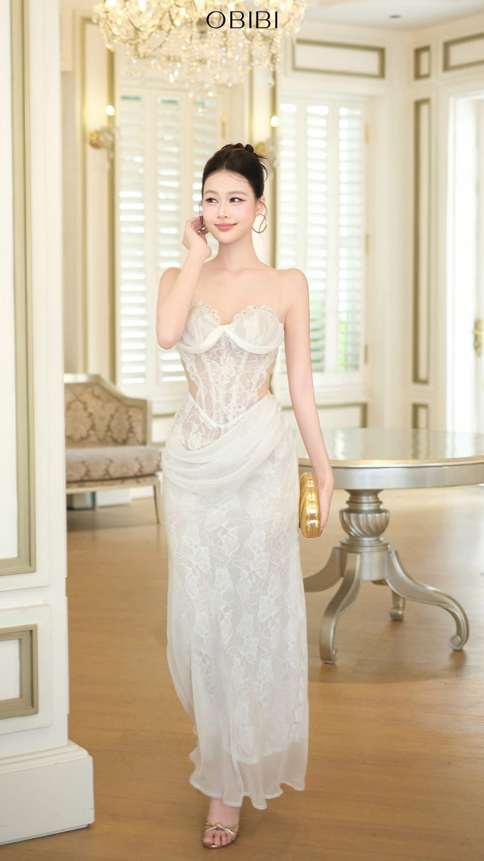 ชุดเดรส ราตรียาว ปาดไหล่ ลายลูกไม้ สีขาว สีดำ BRAND OBIBI 3087 Size S-M BKK - Image 3