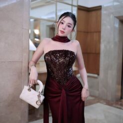ชุดเดรส ราตรียาว เกาะอก แต่งกลิตเตอร์ สีแดงไวน์ BRAND ZEN LULU 3088 Size M BKK