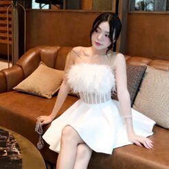 ชุดเดรส เกาะอก แต่งขน สีขาว BRAND OBIBI 2251BKK