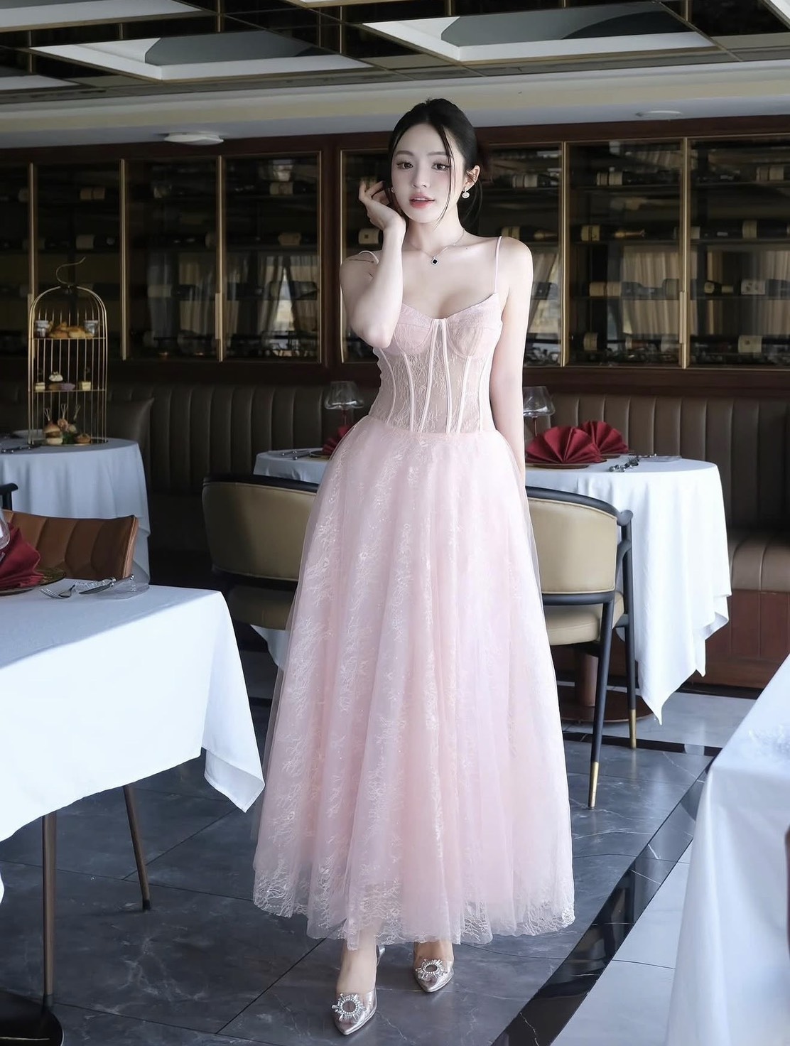 ชุดเดรส สายเดี่ยว แต่งลูกไม้ สีขาว สีชมพู BRAND OBIBI 2252 BKK - Image 10