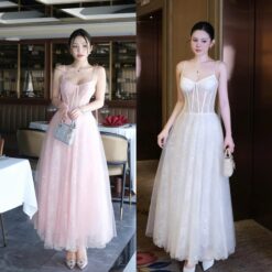 ชุดเดรส สายเดี่ยว แต่งลูกไม้ สีขาว สีชมพู BRAND OBIBI 2252 BKK