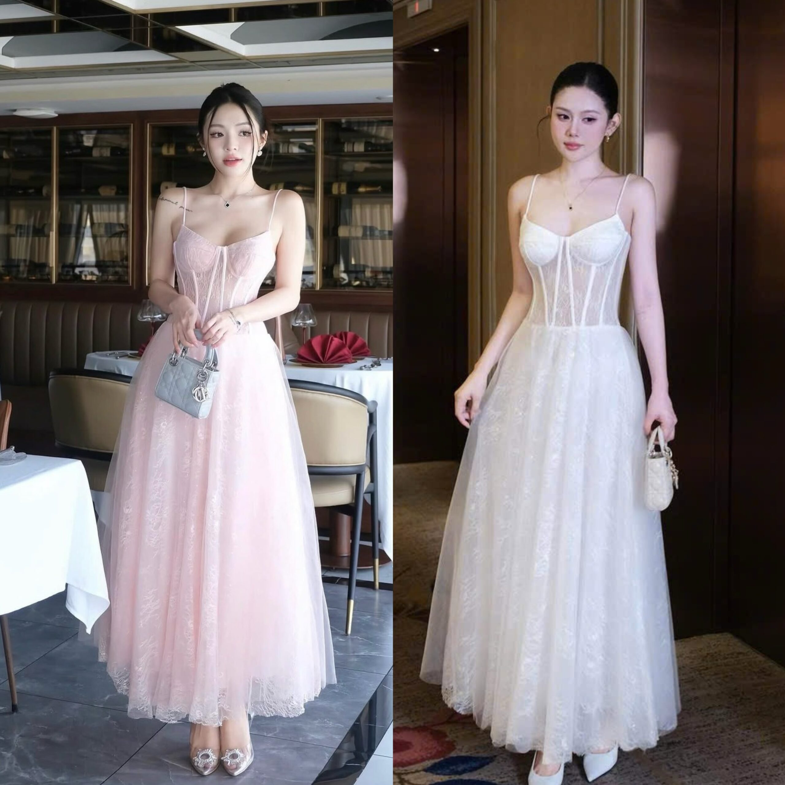 ชุดเดรส สายเดี่ยว แต่งลูกไม้ สีขาว สีชมพู BRAND OBIBI 2252 BKK