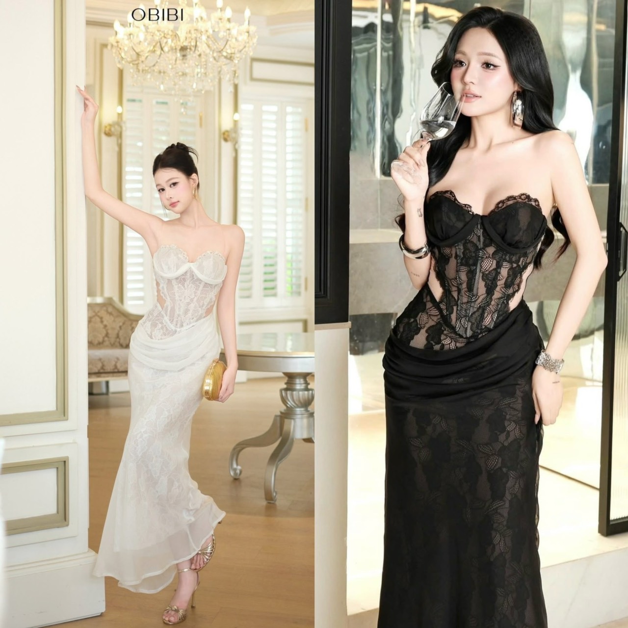 ชุดเดรส ราตรียาว ปาดไหล่ ลายลูกไม้ สีขาว สีดำ BRAND OBIBI 3087 Size S-M BKK