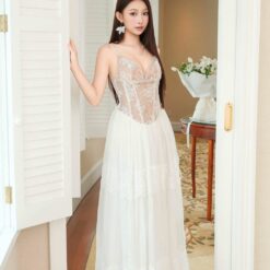 ชุดเดรส ราตรียาว สายเดี่ยว แต่งลูกไม้ สีขาว BRAND OBIBI 2270 BKK SIZE M