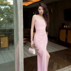 ชุดเดรส ราตรียาว เกาะอก สีชมพู BRAND OBIBI 2274 BKK SIZE S