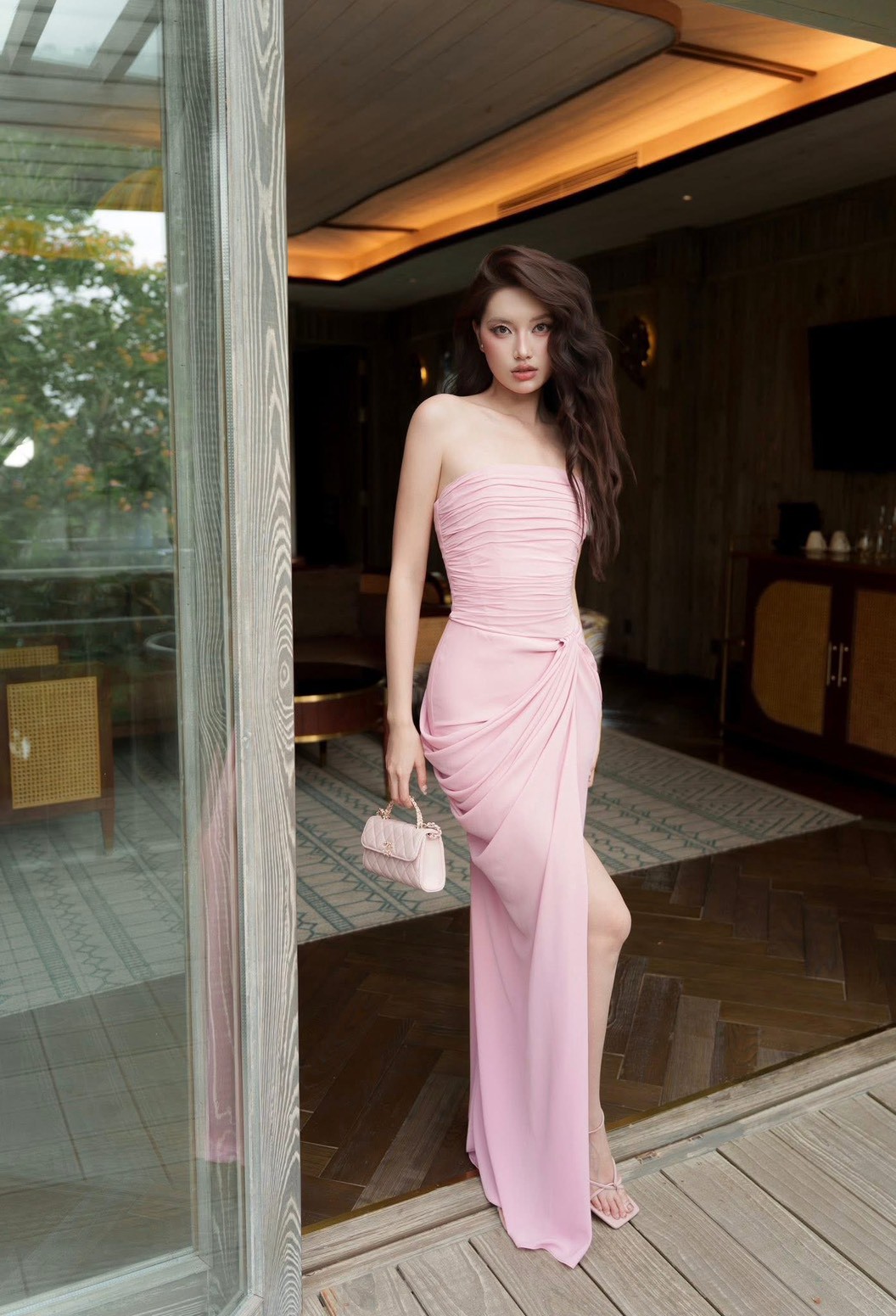 ชุดเดรส ราตรียาว เกาะอก สีชมพู BRAND OBIBI 2274 BKK SIZE S