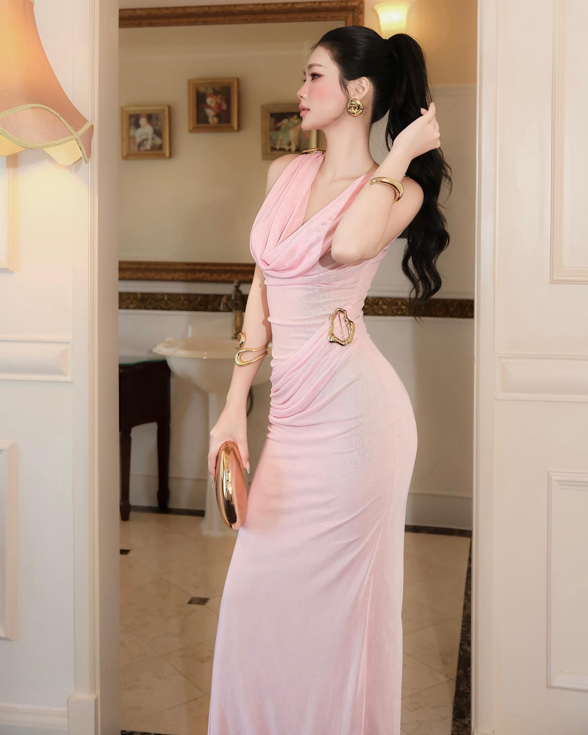 ชุดเดรสยาว ราตรี อะไล่ทอง สีชมพู BRAND Thao_bibii 2292 BKK SIZE M - Image 4