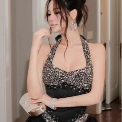ชุดเดรส คล้องคอ แต่งเพรช กลิตเตอร์ สีดำ BRAND Thao_bibii 2295 BKK SIZE S