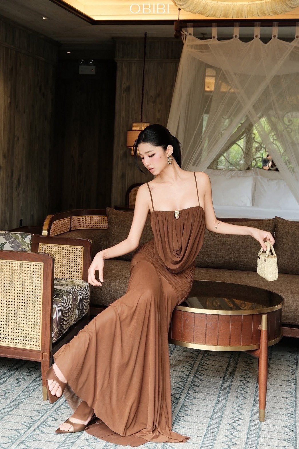 ชุดเดรส ราตรี สายเดี่ยว สีน้ำตาล BRAND OBIBI 2262 BKK SIZE M - Image 3