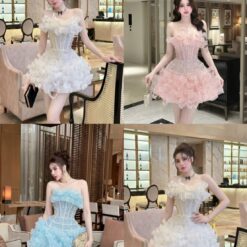 ชุดเดรส เกาะอก แต่งมุก สีขาว สีชมพู สีฟ้า BRAND HISO 2335BKK Size M