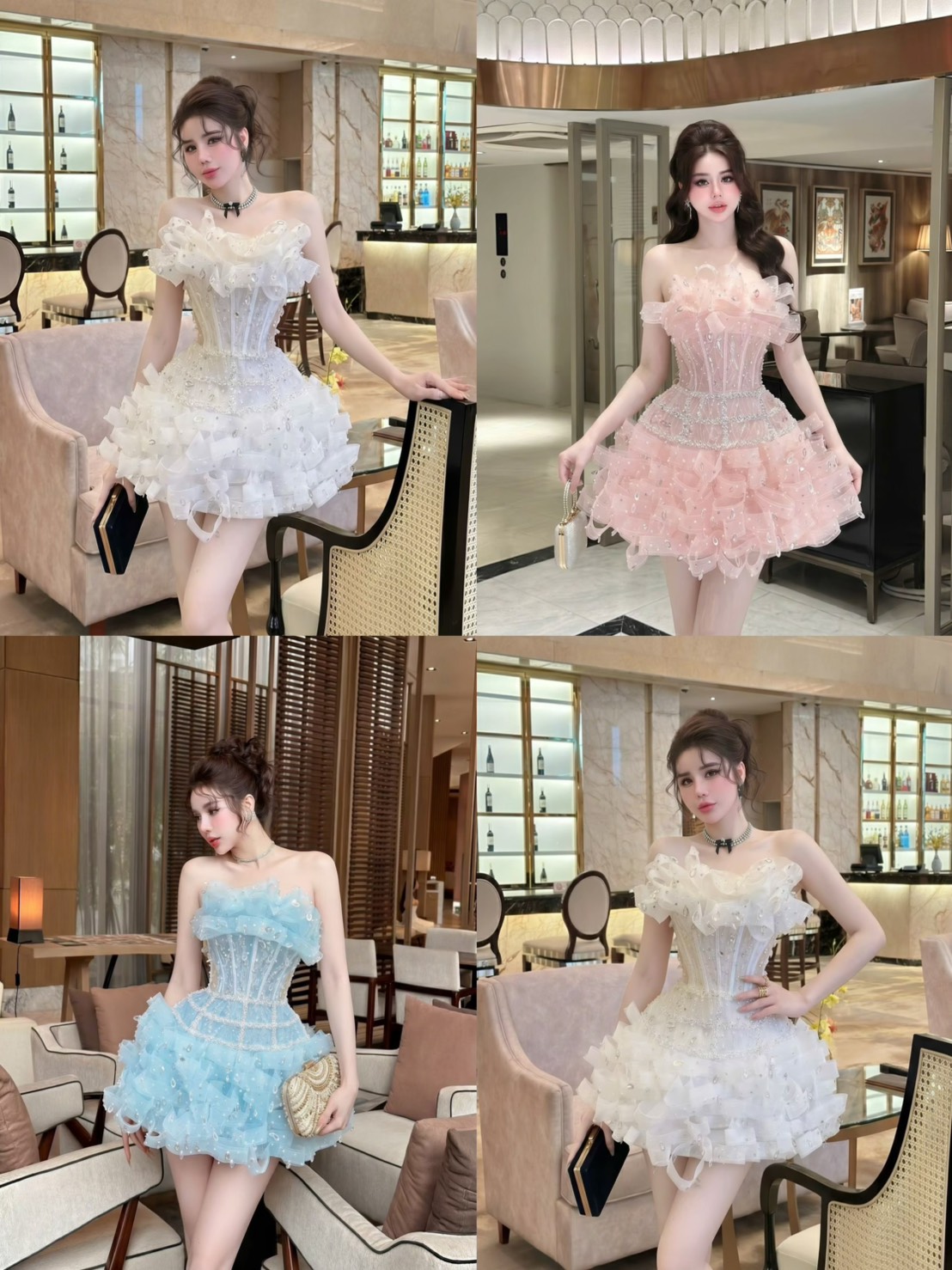 ชุดเดรส เกาะอก แต่งมุก สีขาว สีชมพู สีฟ้า BRAND HISO 2335BKK Size M