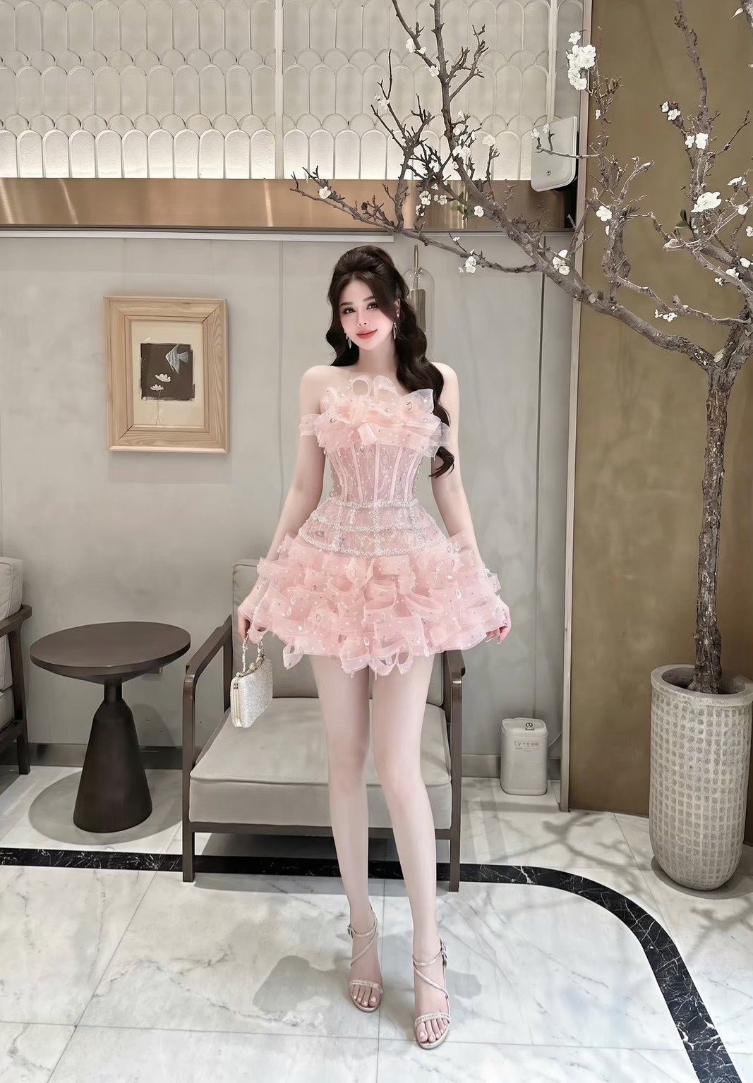 ชุดเดรส เกาะอก แต่งมุก สีขาว สีชมพู สีฟ้า BRAND HISO 2335BKK Size M - Image 9
