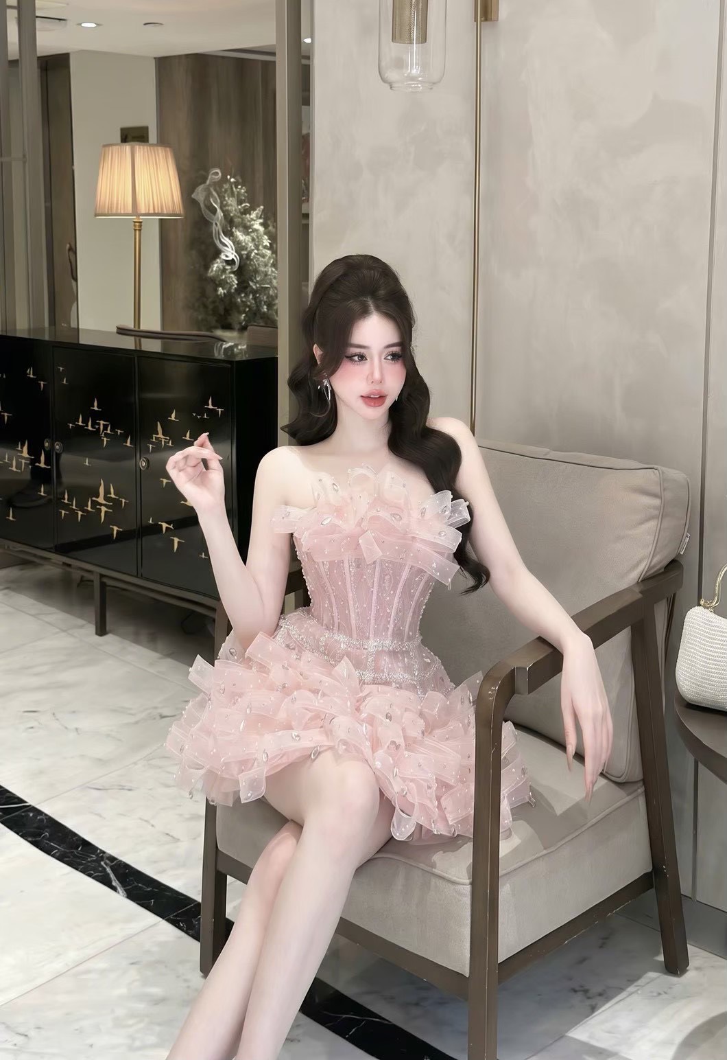 ชุดเดรส เกาะอก แต่งมุก สีขาว สีชมพู สีฟ้า BRAND HISO 2335BKK Size M - Image 8