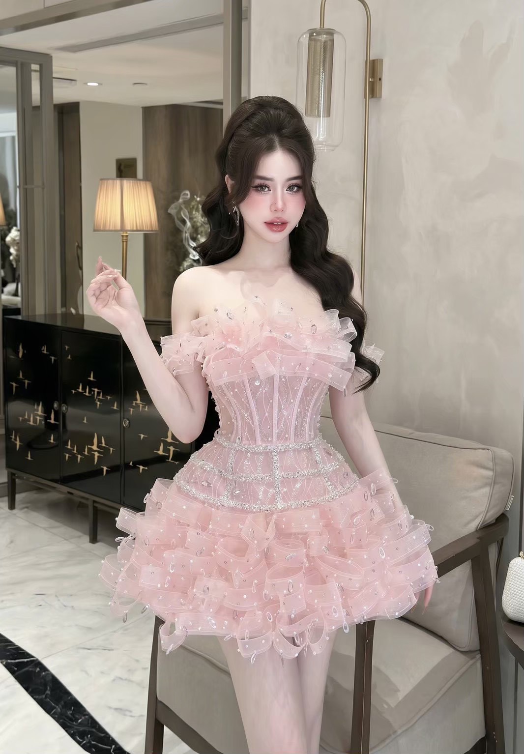 ชุดเดรส เกาะอก แต่งมุก สีขาว สีชมพู สีฟ้า BRAND HISO 2335BKK Size M - Image 7