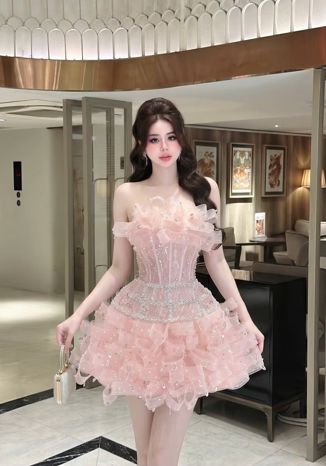 ชุดเดรส เกาะอก แต่งมุก สีขาว สีชมพู สีฟ้า BRAND HISO 2335BKK Size M - Image 6
