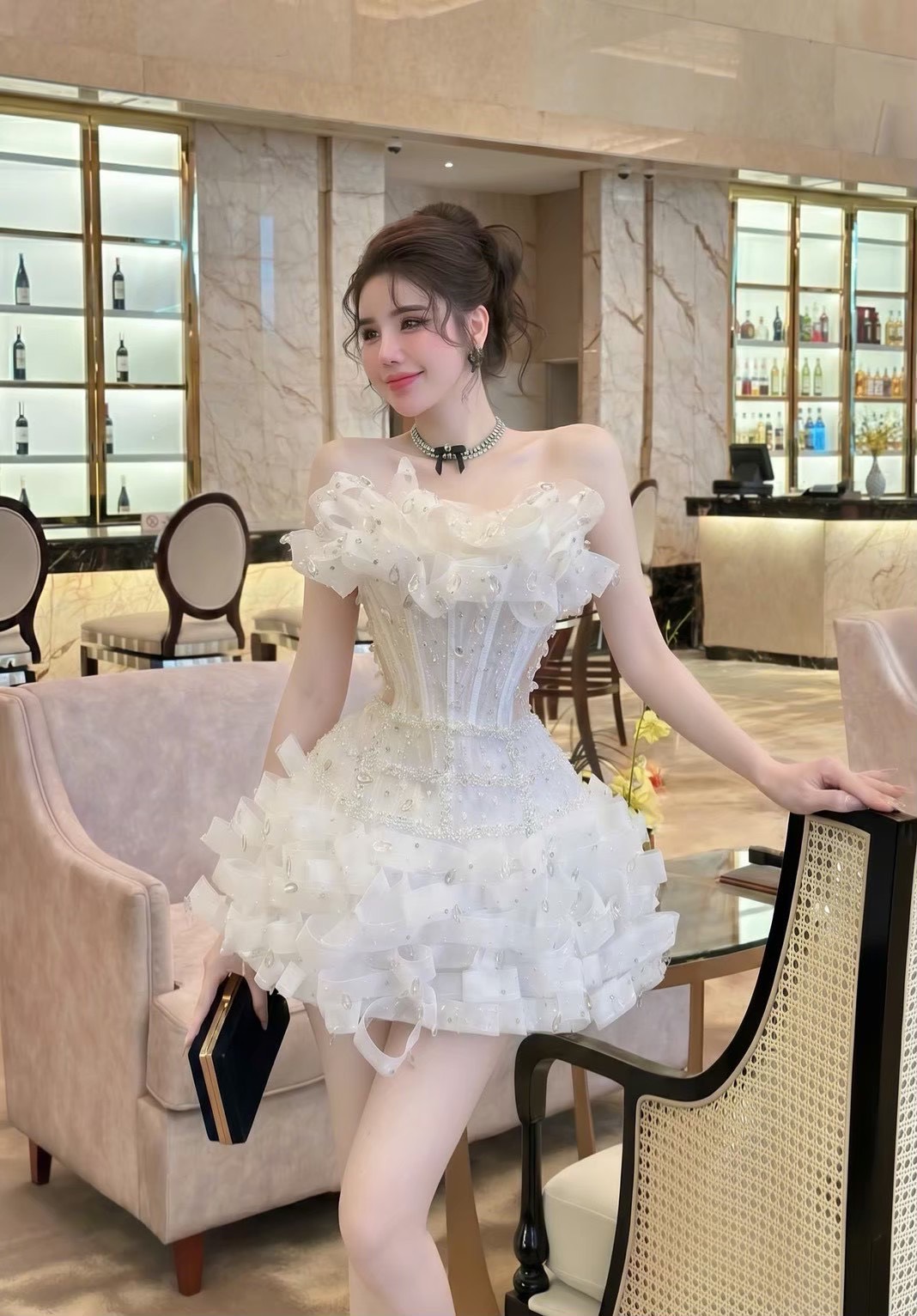 ชุดเดรส เกาะอก แต่งมุก สีขาว สีชมพู สีฟ้า BRAND HISO 2335BKK Size M - Image 5