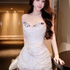 ชุดเดรส เกาะอกกระโปรงฟู แต่งโบว์ สีขาว Brand HISO 2336 BKK Size S-M