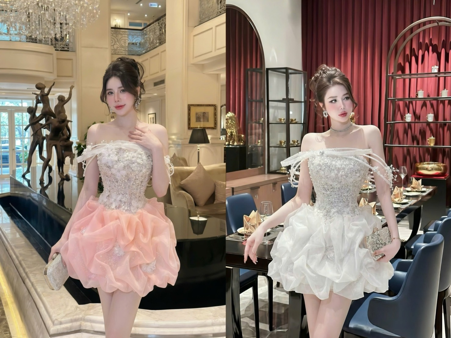 ชุดเดรส เกาะอก กระโปรงฟู แต่งมุก กลิตเตอร์ สีชมพู สีขาว Brand HISO 2325BKK Size M