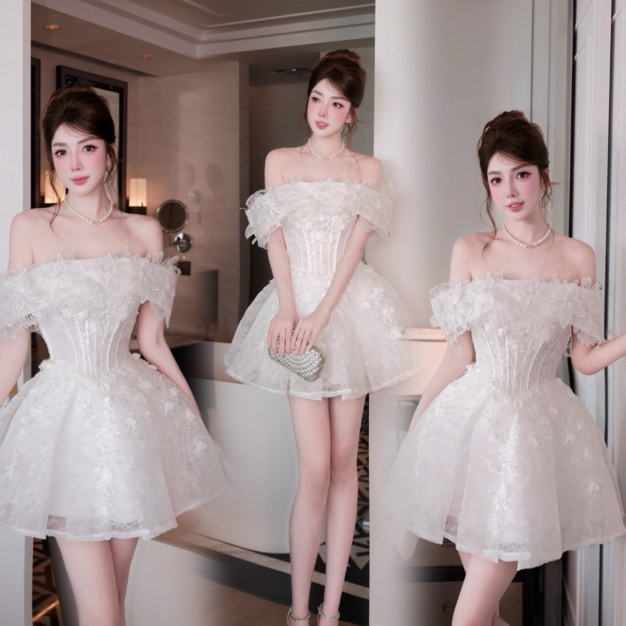 ชุดเดรส ปาดไหล่ กลิตเตอร์ แต่งดอก สีขาว BRAND HISO 2331 BKK Size M - Image 4