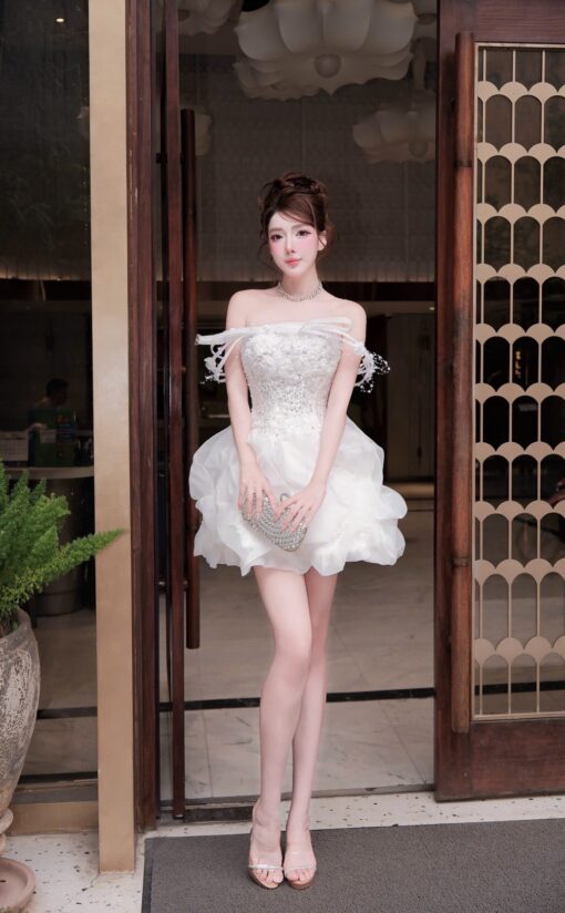 ชุดเดรส เกาะอก กระโปรงฟู แต่งมุก กลิตเตอร์ สีชมพู สีขาว Brand HISO 2325BKK Size M - Image 6