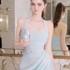 ชุดเดรสยาว ราตรี คล้องคอ เสื้อซีทรู-กระโปรงผ้าซาติน สีแดง,สีฟ้า BRAND OBIBI 2286 BKK SIZE S