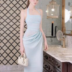 ชุดเดรสยาว ราตรี คล้องคอ เสื้อซีทรู-กระโปรงผ้าซาติน สีแดง,สีฟ้า BRAND OBIBI 2286 BKK SIZE S