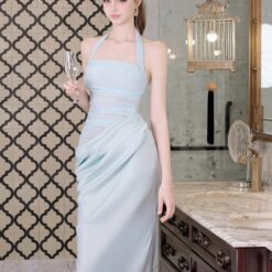 ชุดเดรสยาว ราตรี คล้องคอ เสื้อซีทรู-กระโปรงผ้าซาติน สีแดง,สีฟ้า BRAND OBIBI 2286 BKK SIZE S