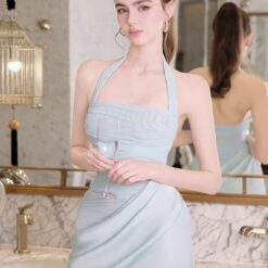 ชุดเดรสยาว ราตรี คล้องคอ เสื้อซีทรู-กระโปรงผ้าซาติน สีแดง,สีฟ้า BRAND OBIBI 2286 BKK SIZE S