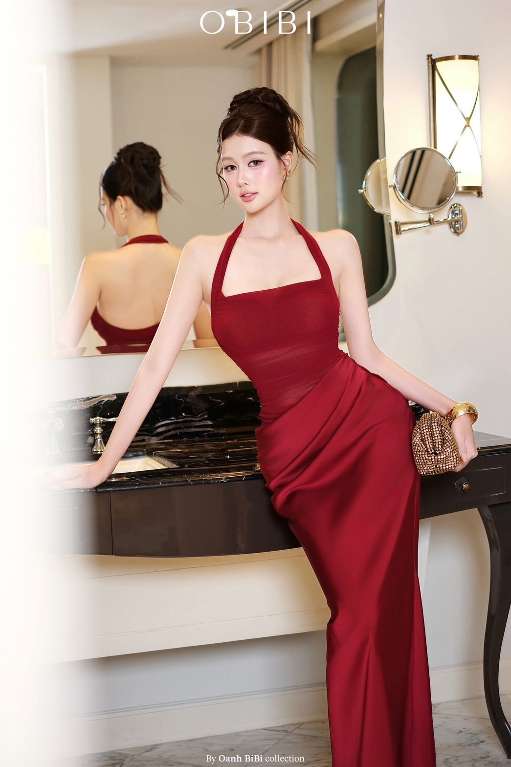 ชุดเดรสยาว ราตรี คล้องคอ เสื้อซีทรู-กระโปรงผ้าซาติน สีแดง,สีฟ้า BRAND OBIBI 2286 BKK SIZE S - Image 10
