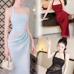 ชุดเดรสยาว ราตรี คล้องคอ เสื้อซีทรู-กระโปรงผ้าซาติน สีแดง,สีฟ้า BRAND OBIBI 2286 BKK SIZE S