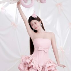 ชุดเดรส เกาะอก กระโปรงฟู แต่งโบว์ สีชมพู Brand KATHY 2317 BKK Size M