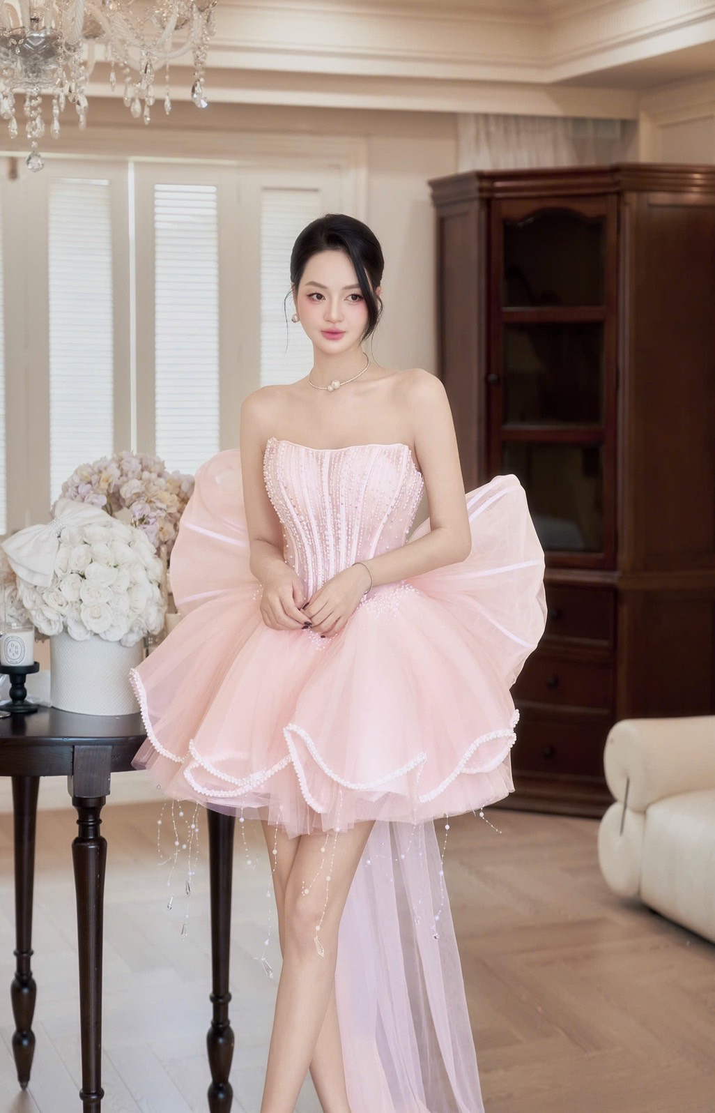 ชุดเดรส เกาะอก แต่งมุก+โบว์ สีขาว สีชมพู สีฟ้า BRAND HISO 2328BKK Size M - Image 12