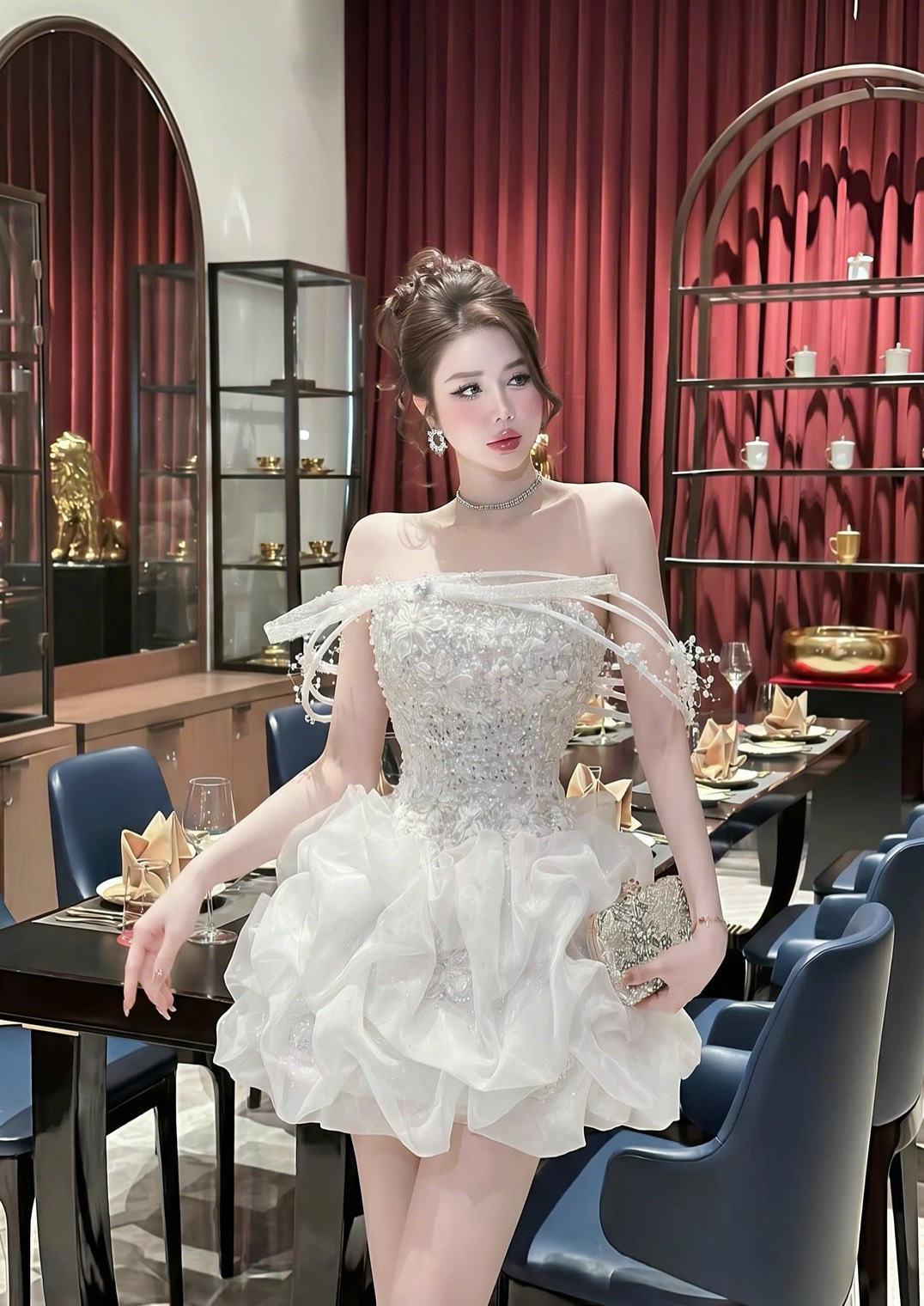 ชุดเดรส เกาะอก กระโปรงฟู แต่งมุก กลิตเตอร์ สีชมพู สีขาว Brand HISO 2325BKK Size M - Image 9