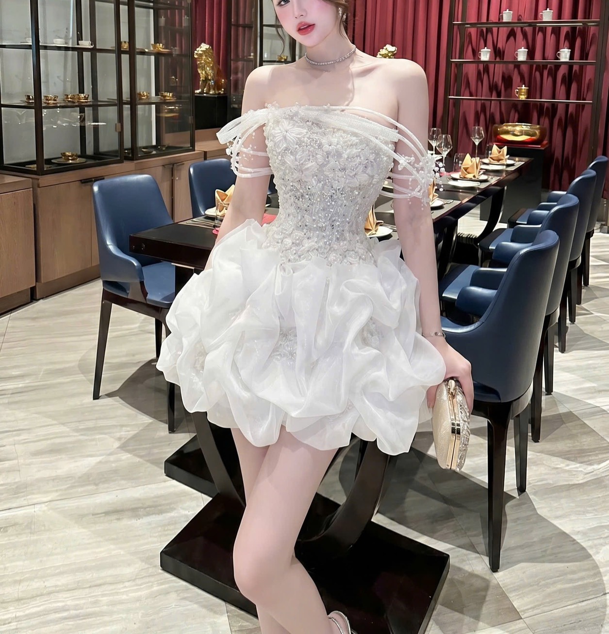 ชุดเดรส เกาะอก กระโปรงฟู แต่งมุก กลิตเตอร์ สีชมพู สีขาว Brand HISO 2325BKK Size M - Image 8