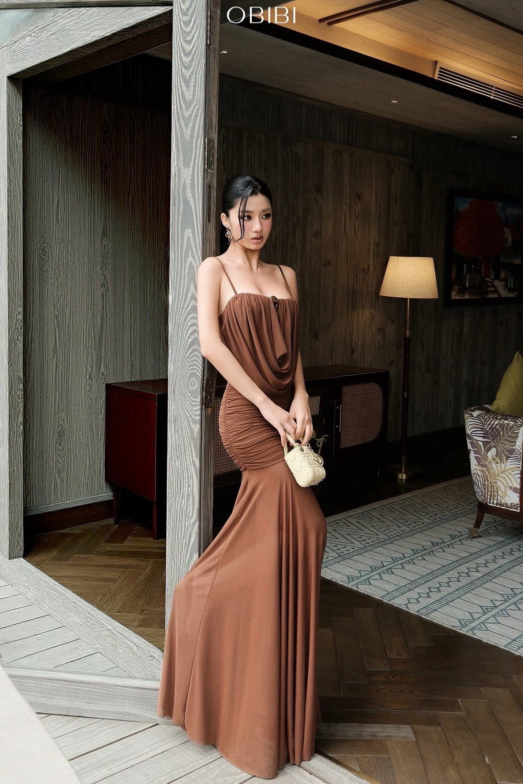 ชุดเดรส ราตรี สายเดี่ยว สีน้ำตาล BRAND OBIBI 2262 BKK SIZE M - Image 5
